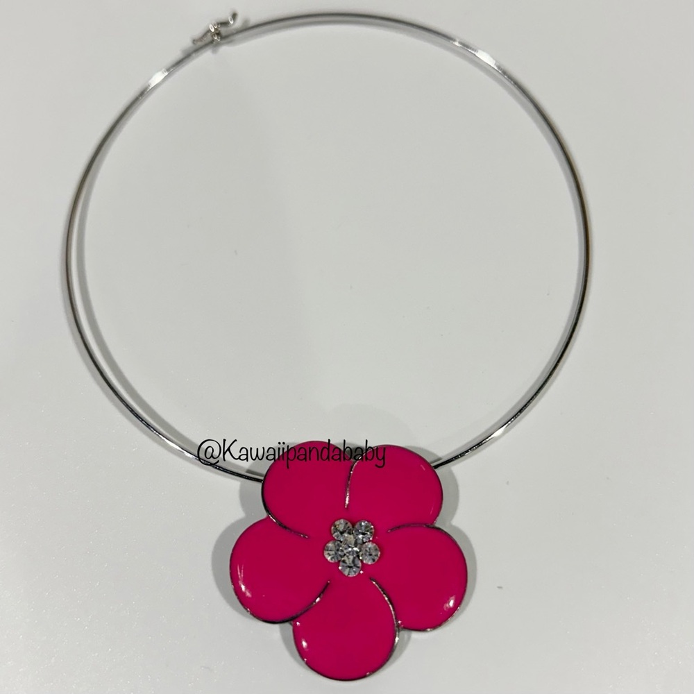 Y2K Vintage Pink & Silver Rhinestone Bling Flower Pendant Silver Choker Necklace